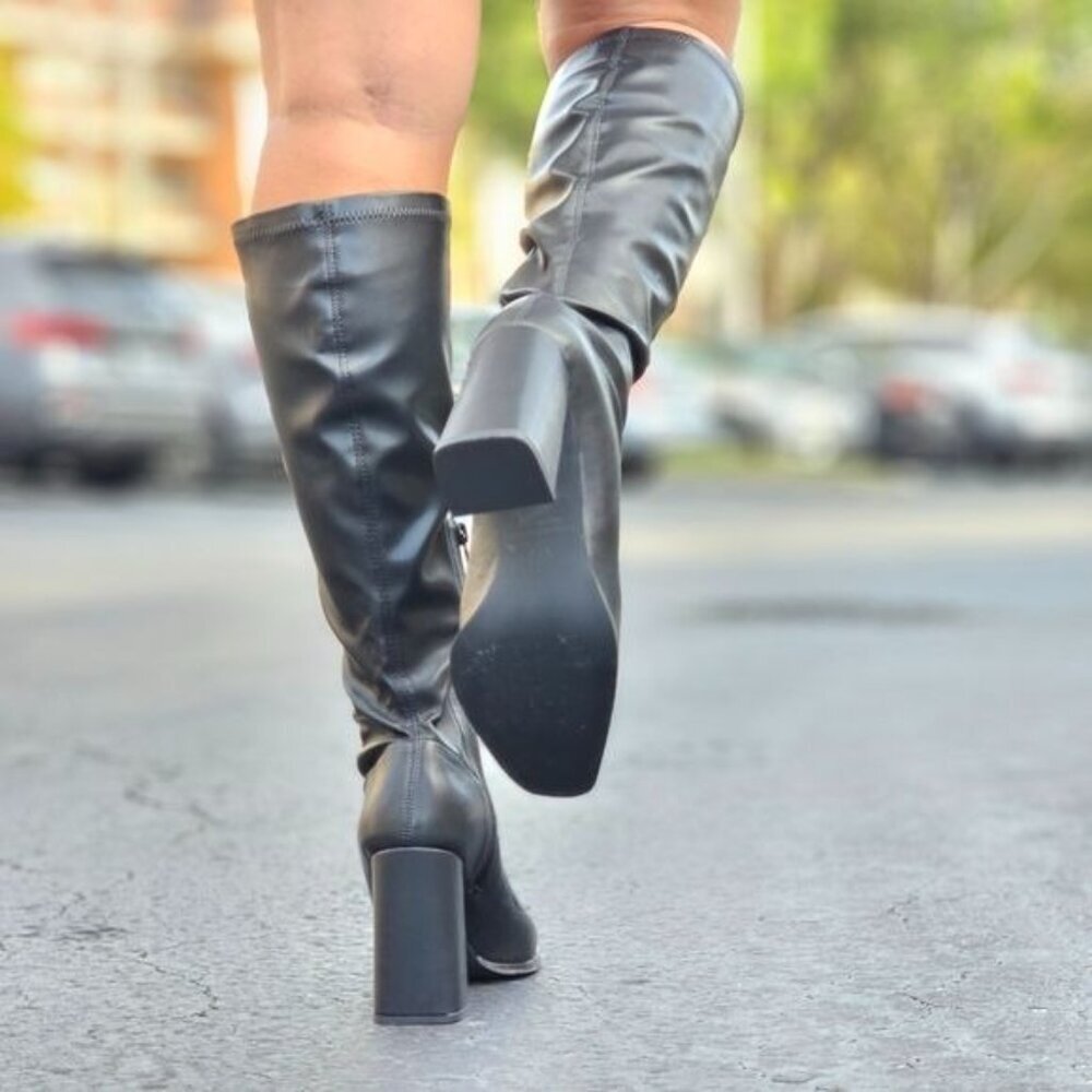 Black Women’s Mid Calf Boots Square Toe Heel Rubber Material - Picture 7 of 8